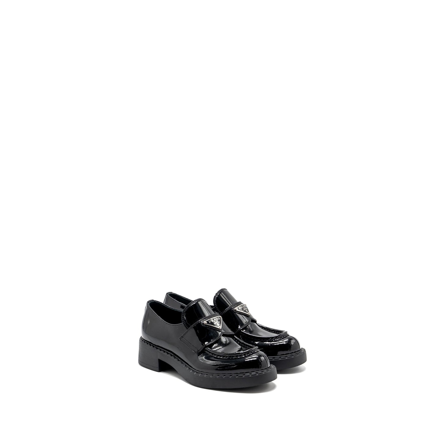 Prada Size 34.5 Loafers Patent Black SHW