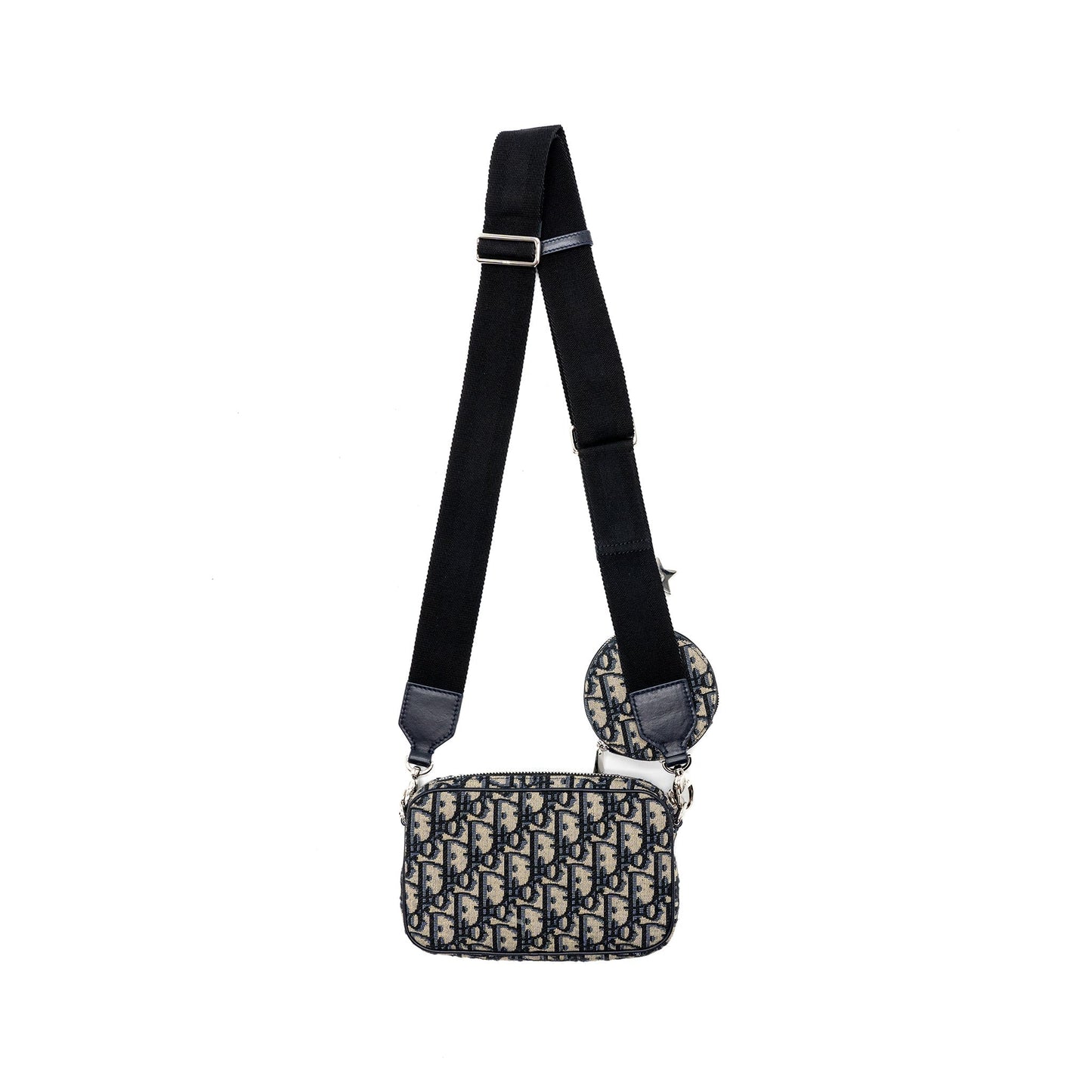 Luxury Dior 3 in 1 mini zipper pouch with strap blue jacquard SHW