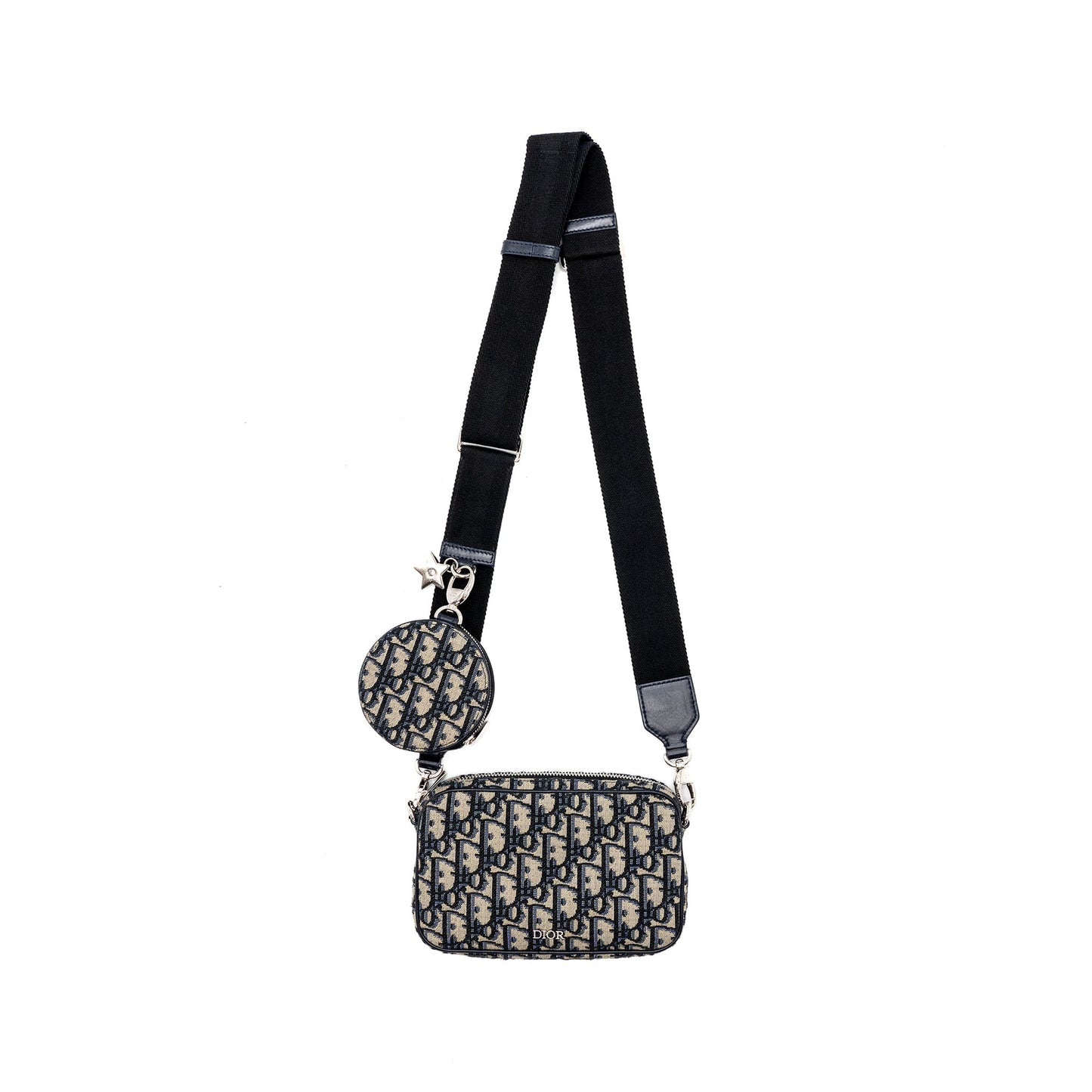 Luxury Dior 3 in 1 mini zipper pouch with strap blue jacquard SHW