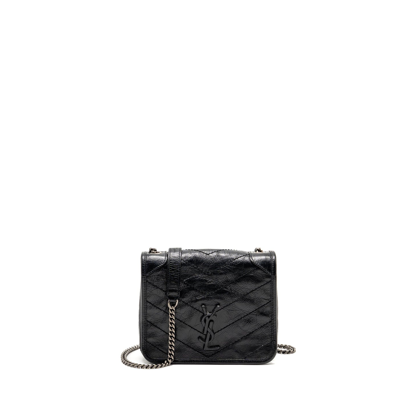 Saint Laurent / YSL Niki Chain Wallet Crinkled Calfskin Black SHW