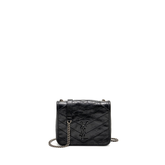 Saint Laurent / YSL Niki Chain Wallet Crinkled Calfskin Black SHW