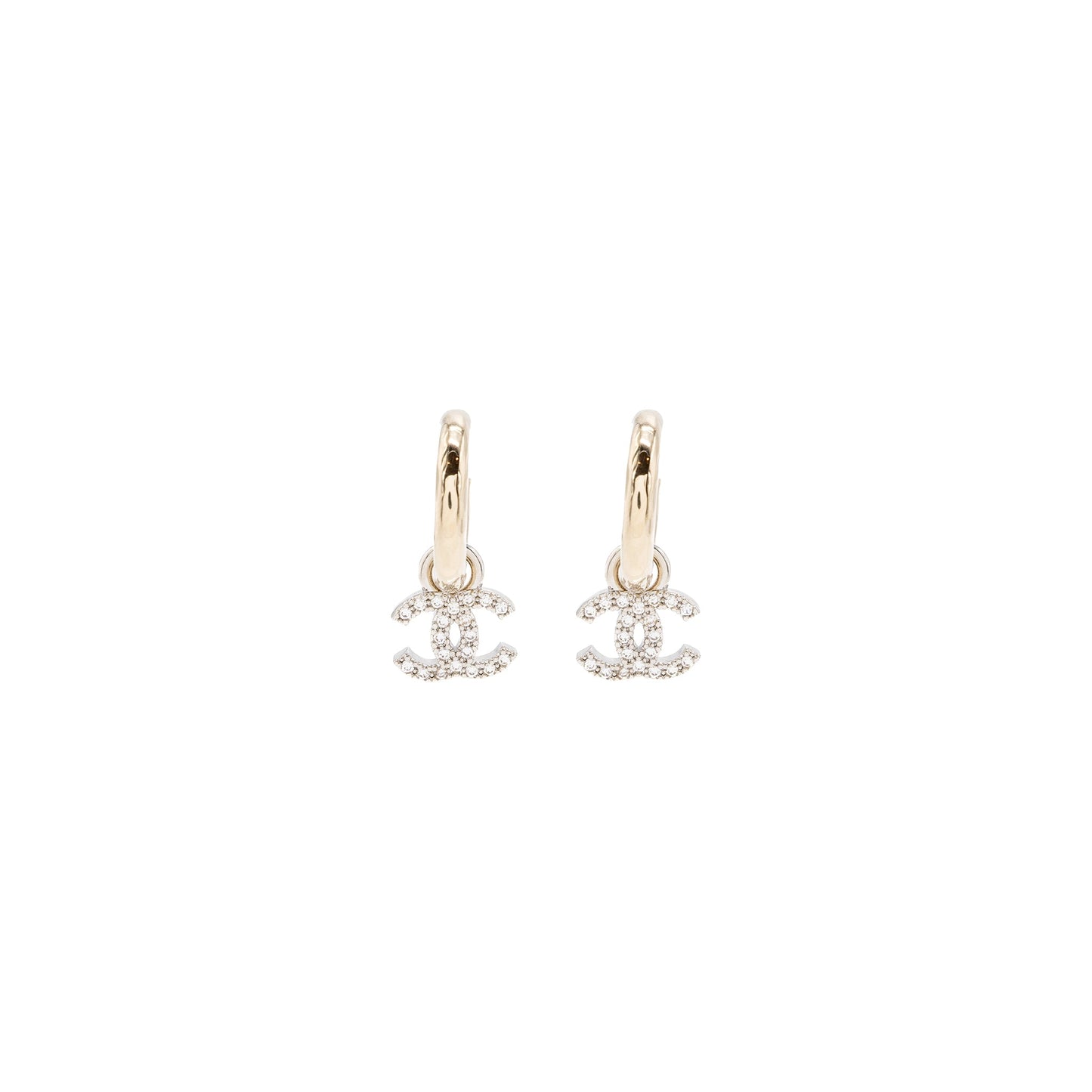 Chanel Round CC Logo Dropped Earring Crystal Light Gold Tone