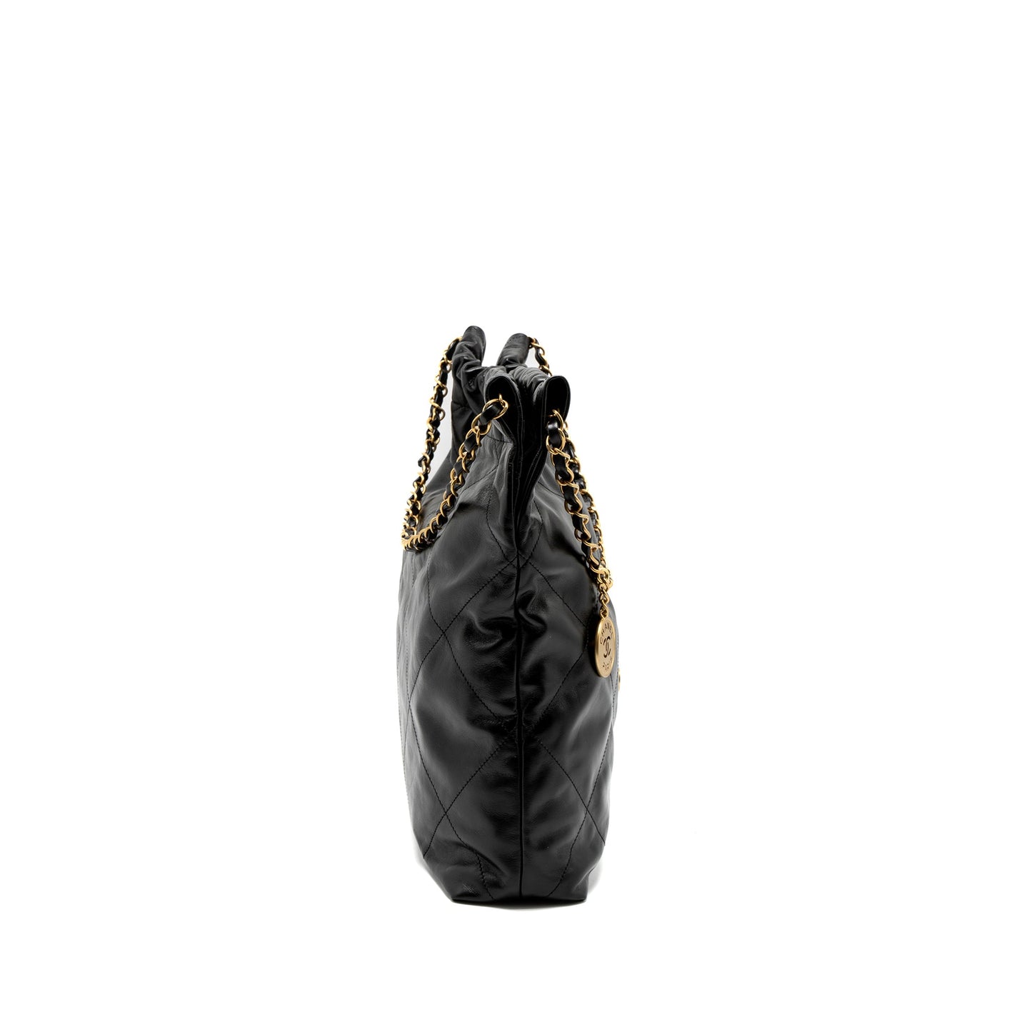 Chanel Medium 22 Bag Gold Letter Shiny Calfskin Black Brushed GHW (Microchip)