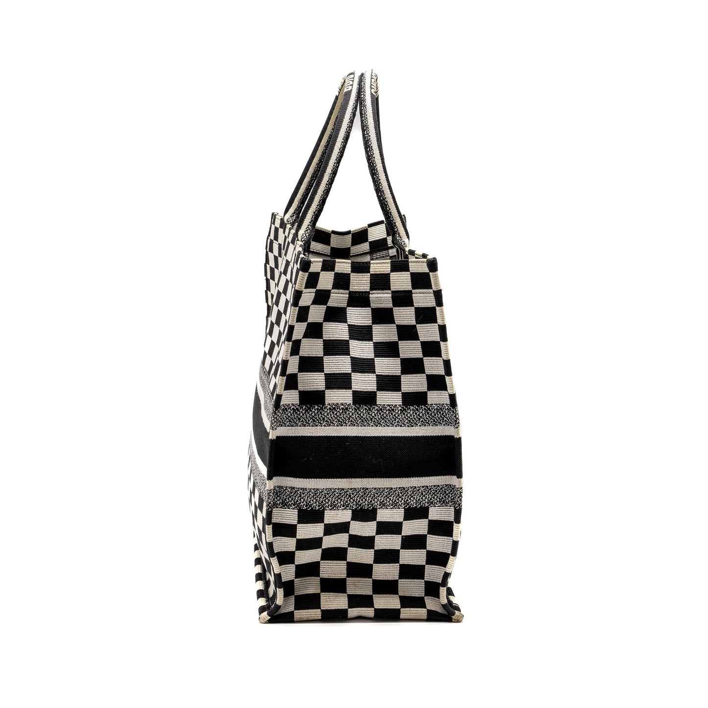 Luxury Dior Large Book Tote White Checkered Embroidered Canvas Black / White