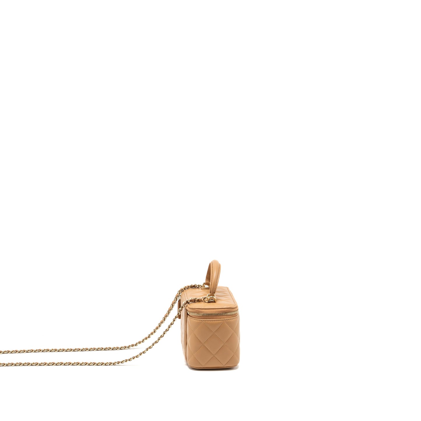 Chanel Top Handle Long Vanity Case With Chain Lambskin Caramel LGHW(Microchip)