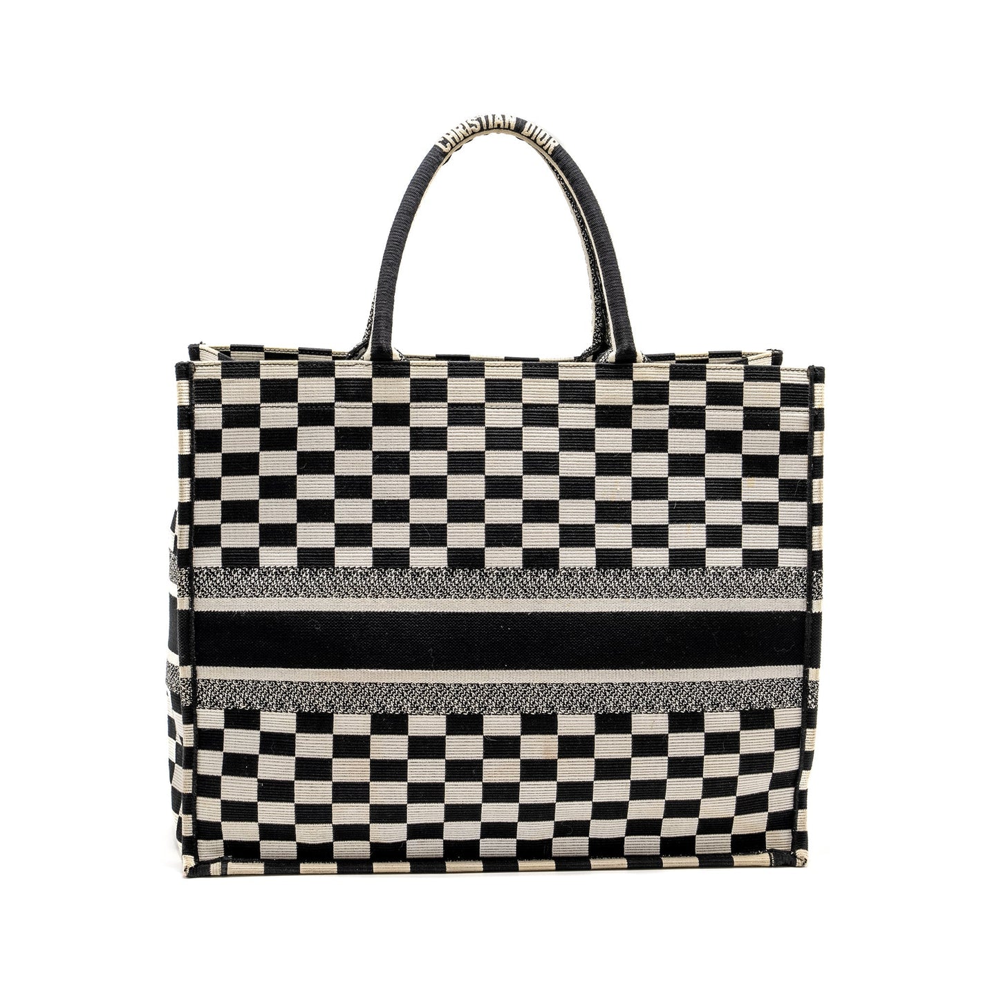 Luxury Dior Large Book Tote White Checkered Embroidered Canvas Black / White
