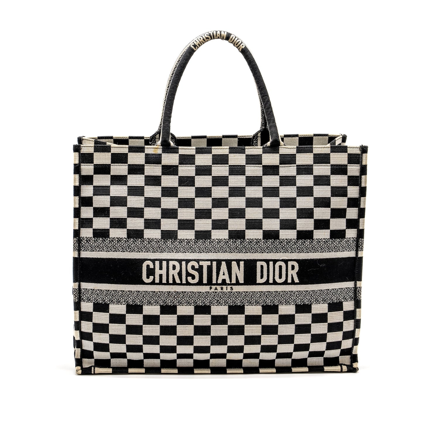Luxury Dior Large Book Tote White Checkered Embroidered Canvas Black / White