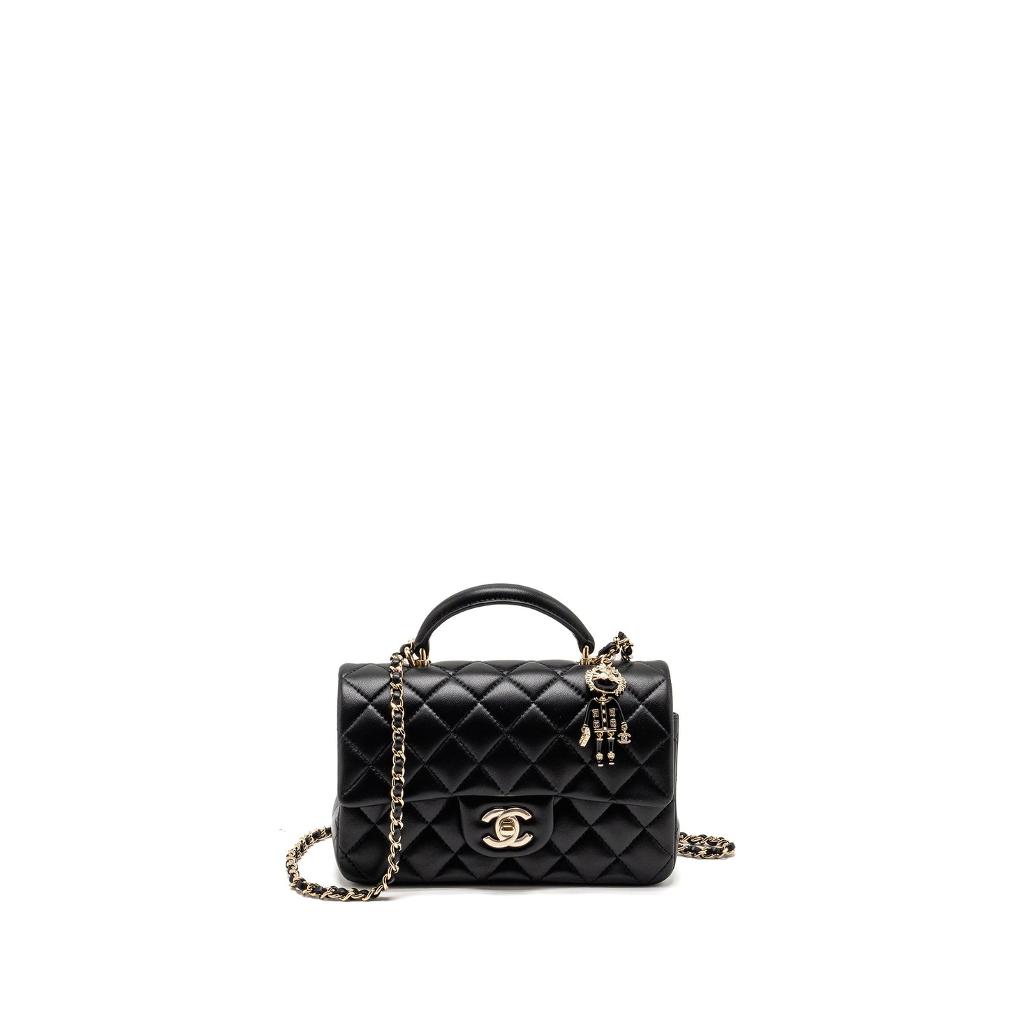 Chanel Top handle mini rectangular flap bag with lion charm lambskin black LGHW (microchip)