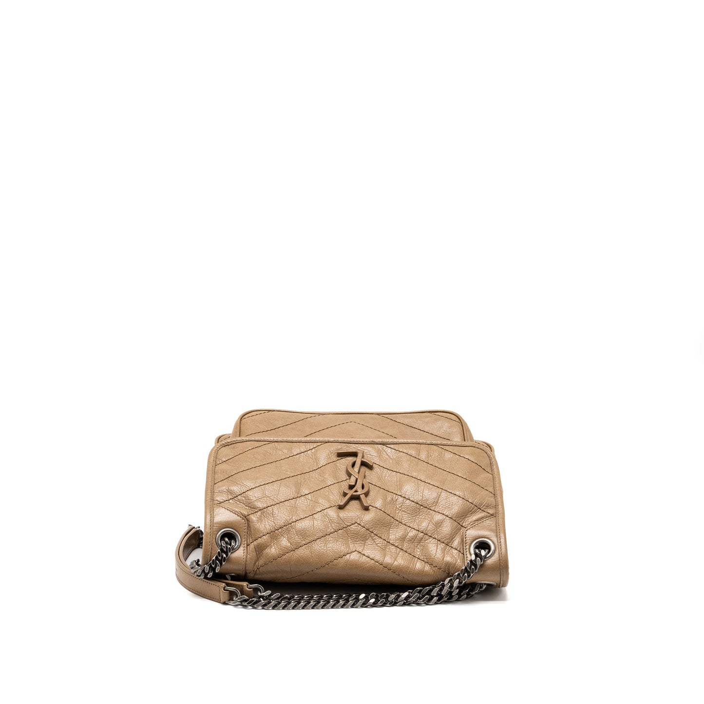 Saint Laurent Medium Niki Bag Crinkled Calfskin Dark Beige Ruthenium Hardware
