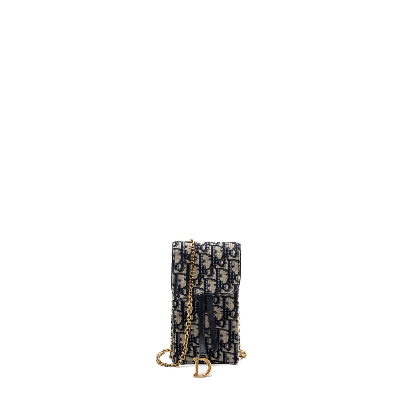 Luxury Dior SADDLE PHONE HOLDER WITH CHAIN OBLIQUE JACQUARD CANVAS BLUE GHW