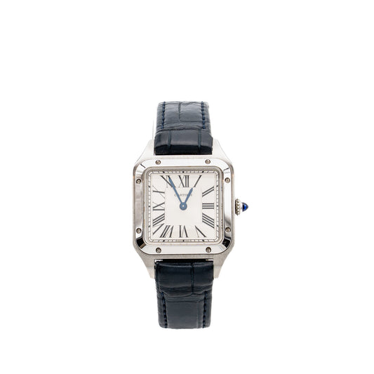 Cartier Santos-Dumont Watch Small Model, Blue Alligator Bracelet with Ardillon Buckle Stainless Steel Ref: CRWSSA0023