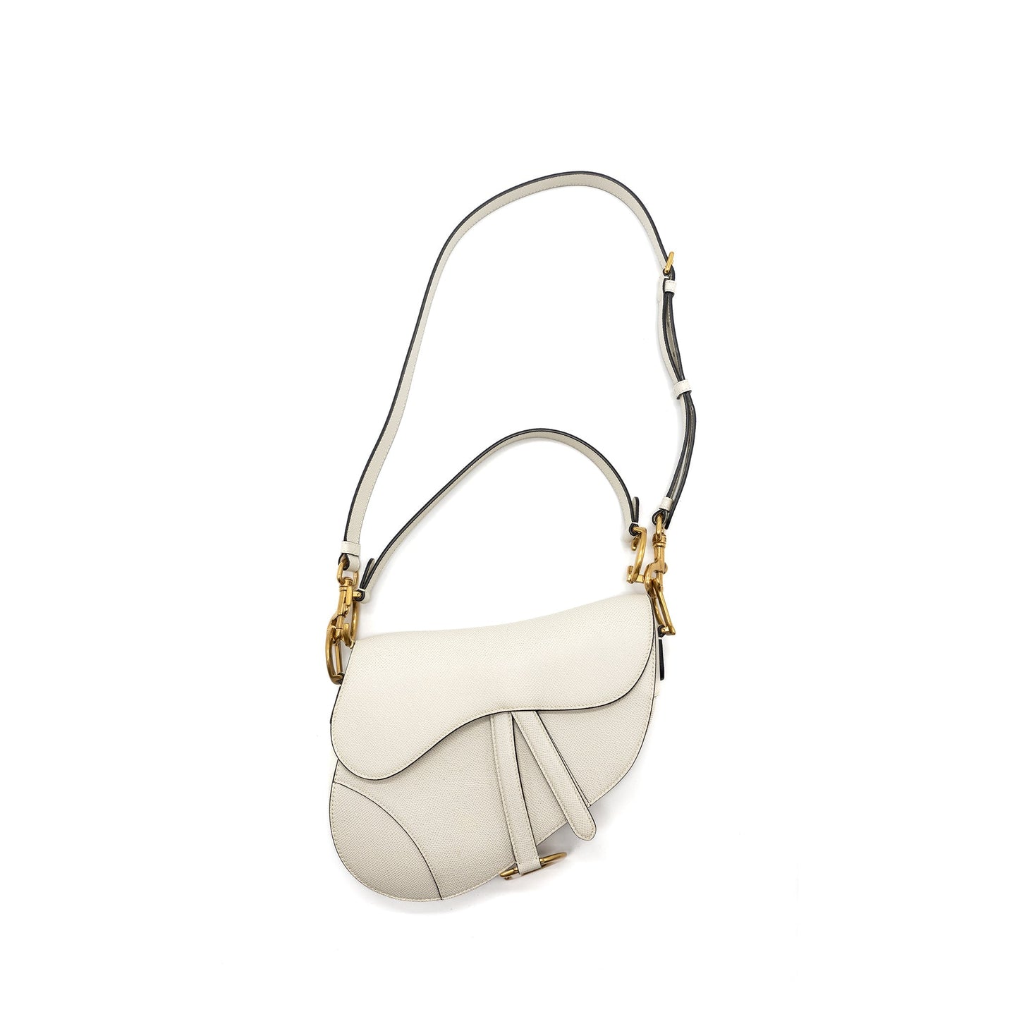 Luxury Dior medium saddle bag with strap grained calfskin white GHW