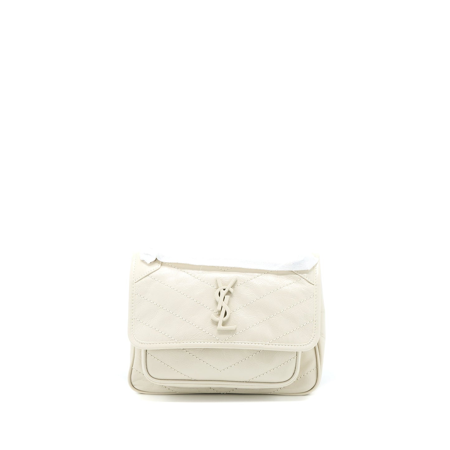 Saint Laurent Niki Baby Chain Bag in Crinkled Calfskin Blanc SHW