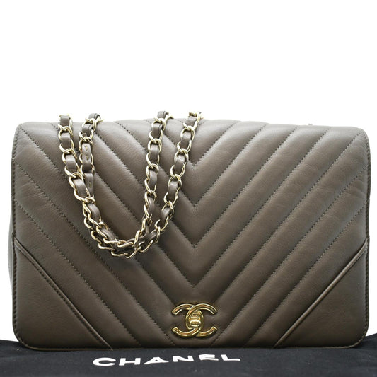 Luxury Chanel Statement Medium Flap Quilted Chevron Crossbody Bag Khaki