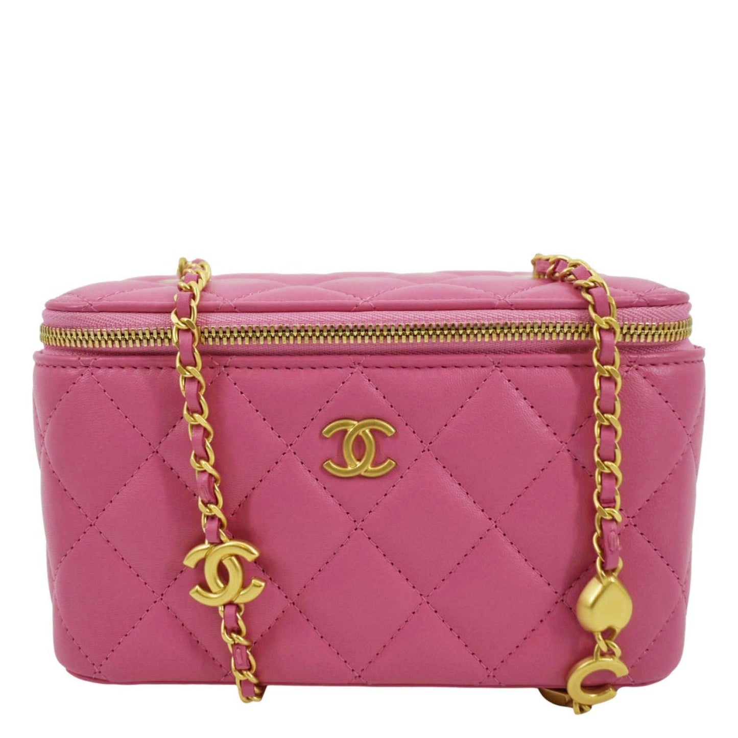 Luxury Chanel Enamel Coco Hearts Small Quilted Leather Crossbody Vanity Case Pink