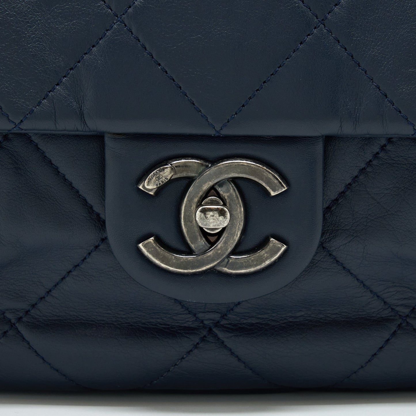Chanel Flap Hobo Bag Calfskin Navy With Ruthenium Sliver Hardware