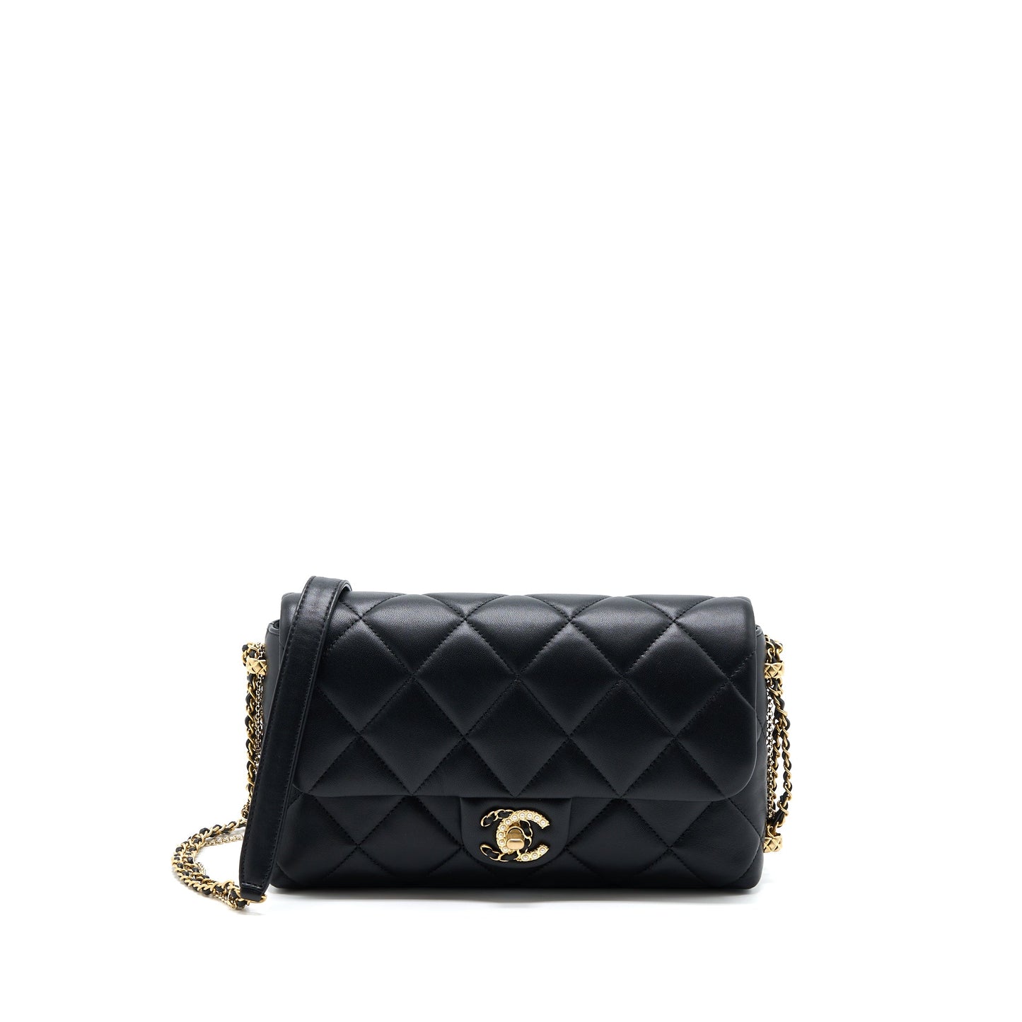 Chanel Quilted Detailed Logo Flap Bag Lambskin Black GHW (Microchip)
