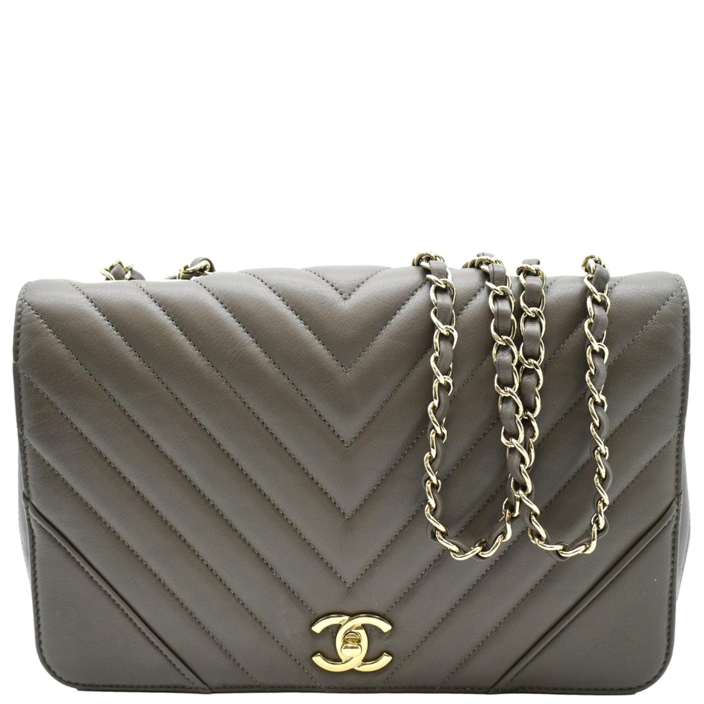 Luxury Chanel Statement Medium Flap Quilted Chevron Crossbody Bag Khaki
