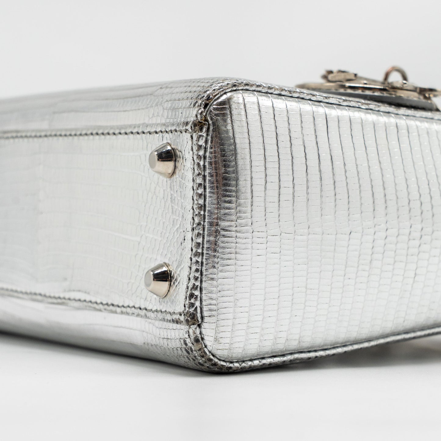 Dior Mini Lady Dior Flower Studded Metal Handle Lizard Silver SHW