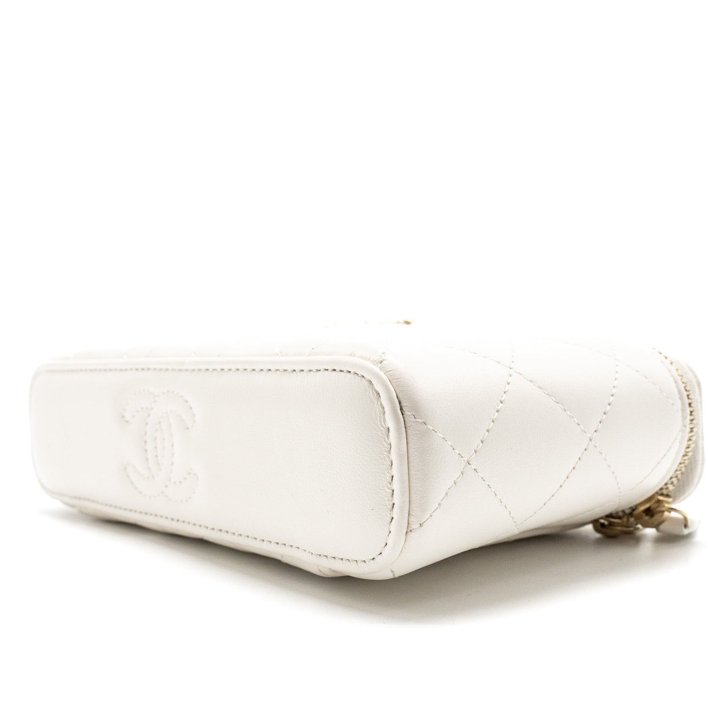 Chanel 23k Camellia Top Handle Long Vanity Case With Chain Calfskin White LGHW (Microchip)