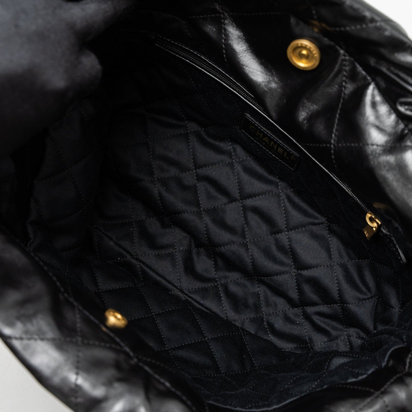 Chanel Small 22 Bag Gold Letter Shiny Calfskin Black Brushed GHW (Microchip)