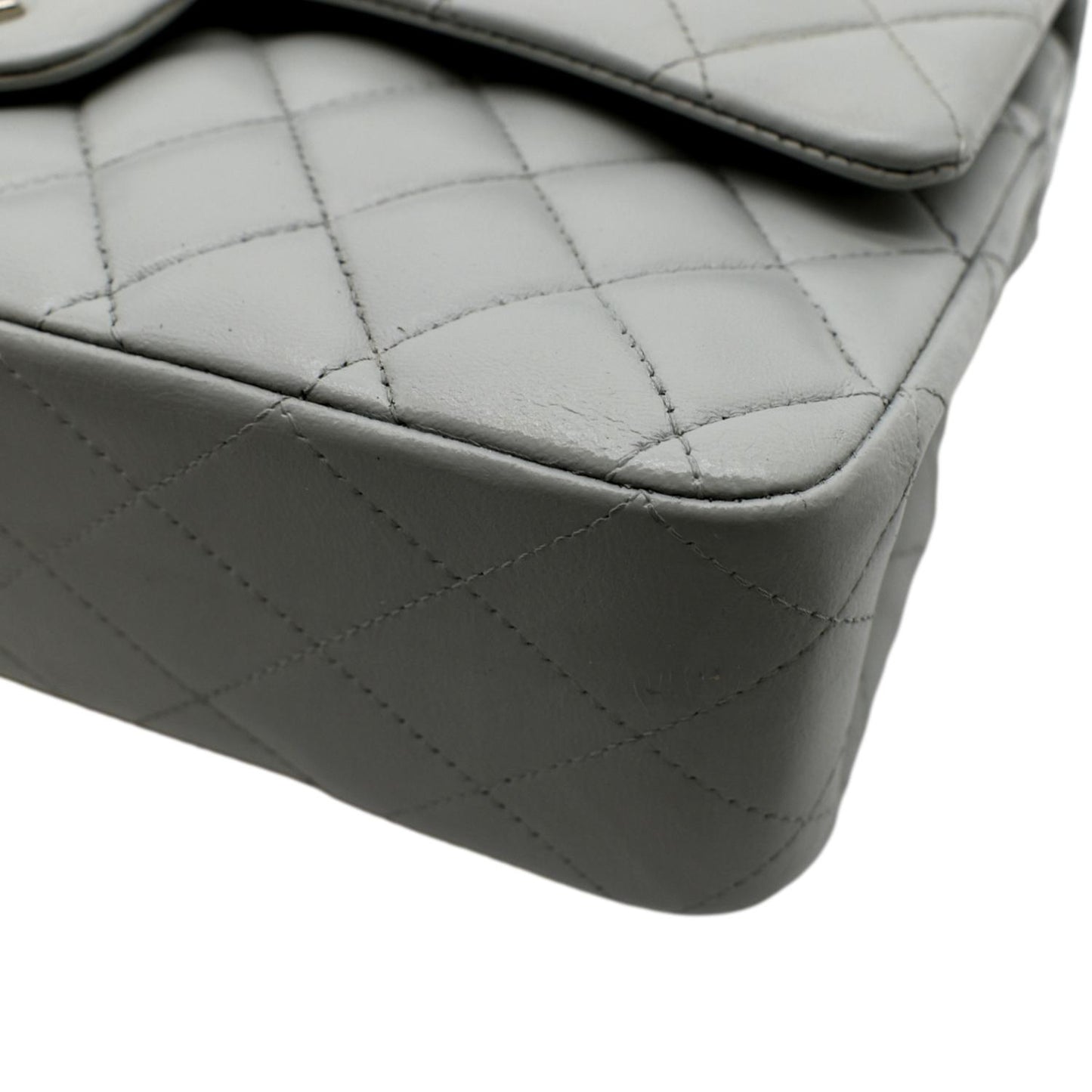 CHANEL Medium Double Flap Calfskin Leather Shoulder Bag Grey