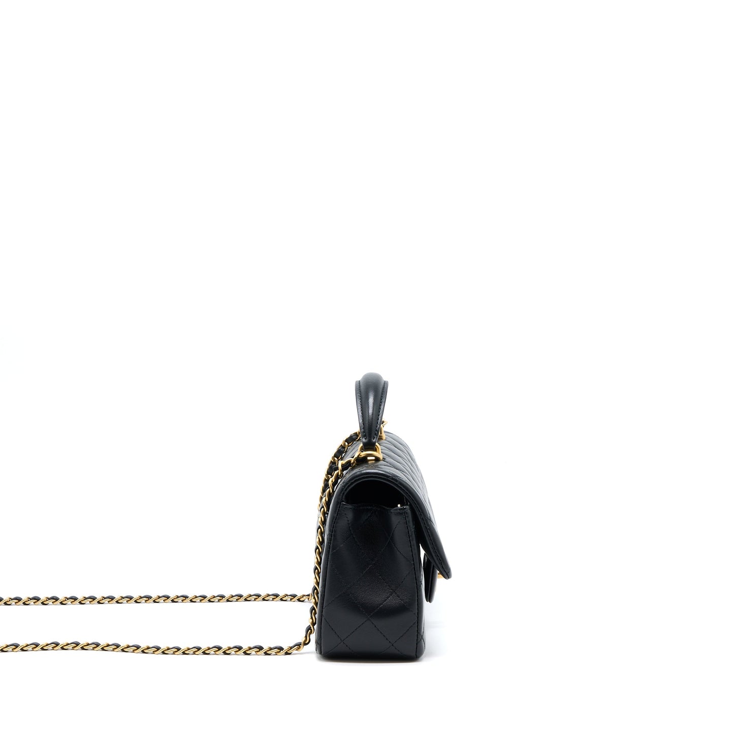 Chanel 21K Top Handle Mini Rectangular Flap Bag Lambskin Black Brushed GHW(Microchip)