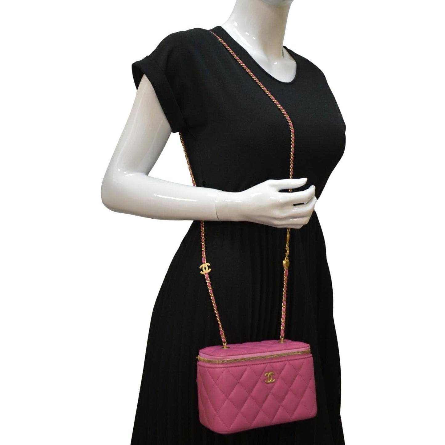 Luxury Chanel Enamel Coco Hearts Small Quilted Leather Crossbody Vanity Case Pink