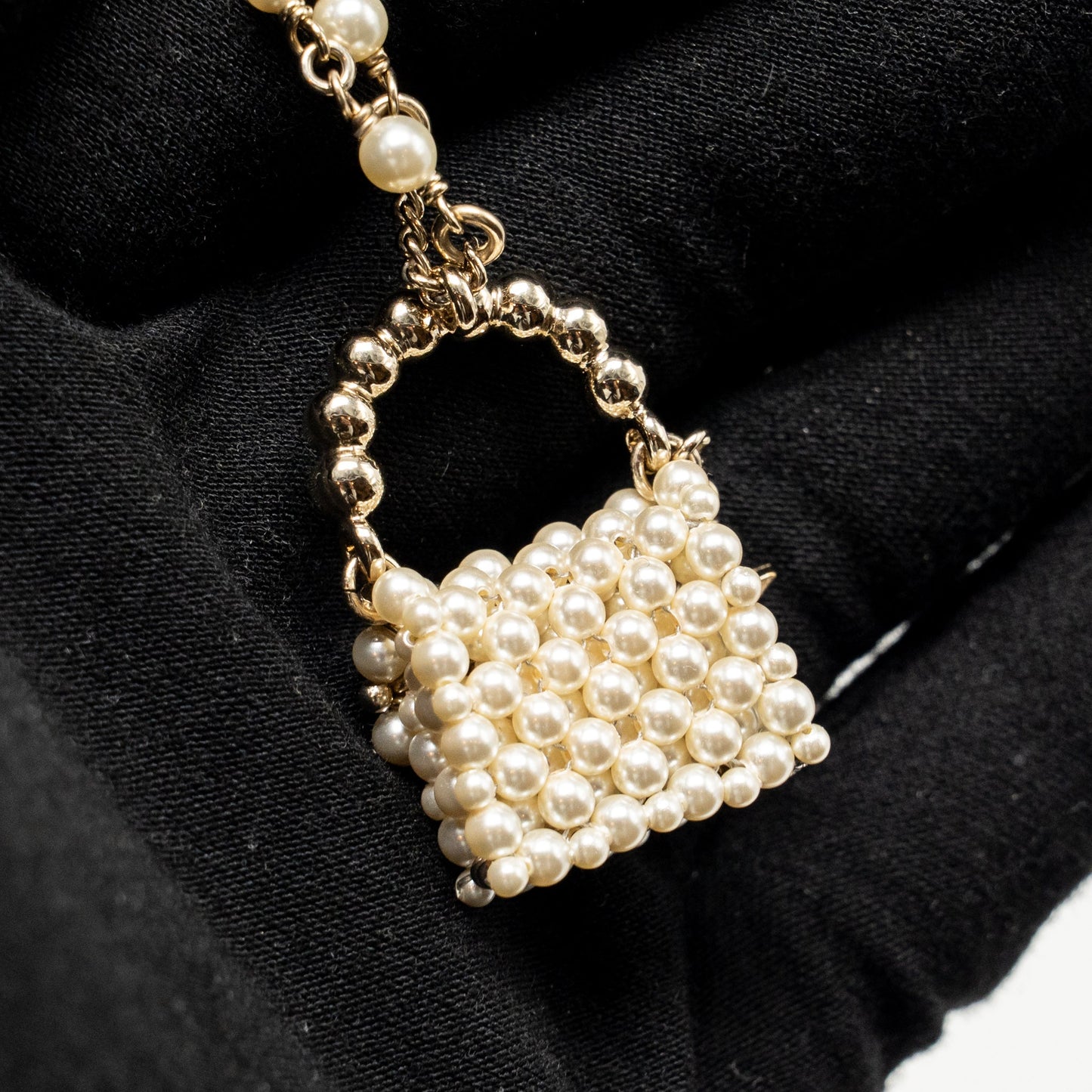 Chanel Mini pearl bag necklace light gold tone