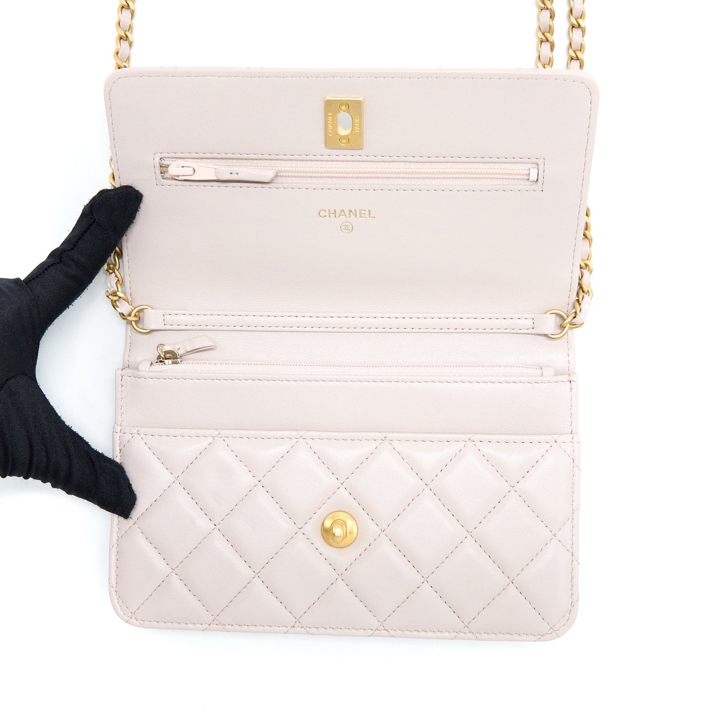 Chanel Pearl Crush Wallet on Chain Lambskin Lialic/Light Purple Brushed GHW (Microchip)