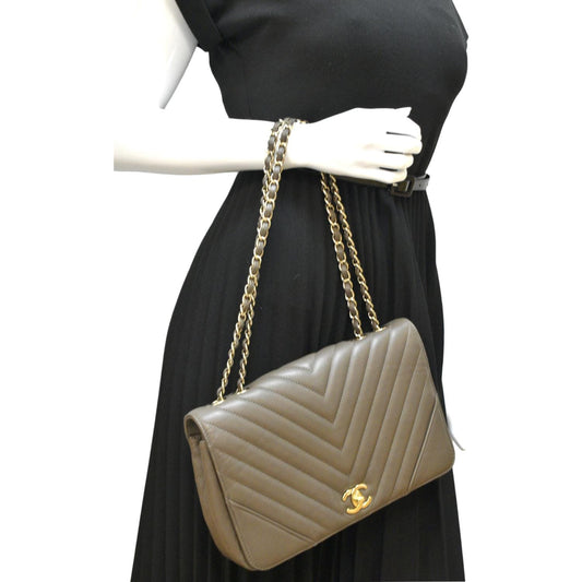 Luxury Chanel Statement Medium Flap Quilted Chevron Crossbody Bag Khaki