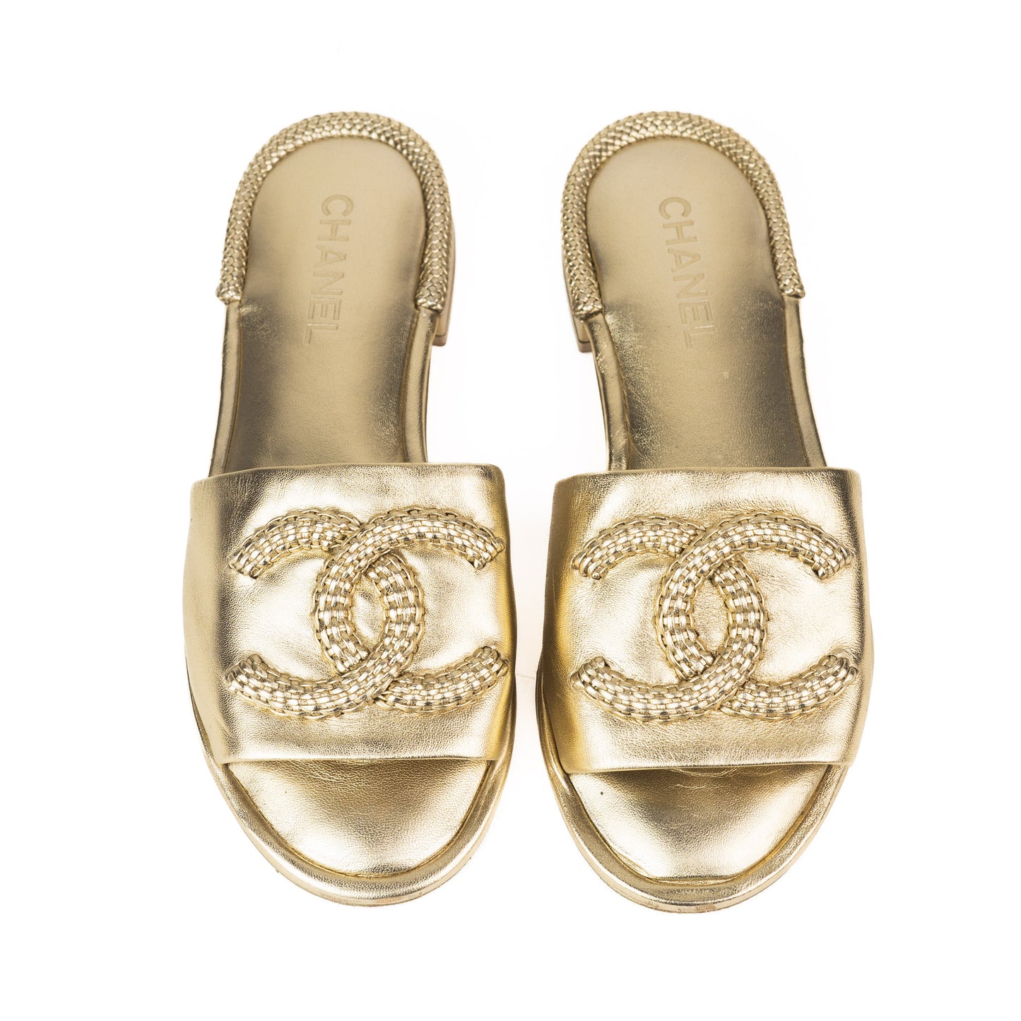 Chanel Laminated CC Logo Gold Slides