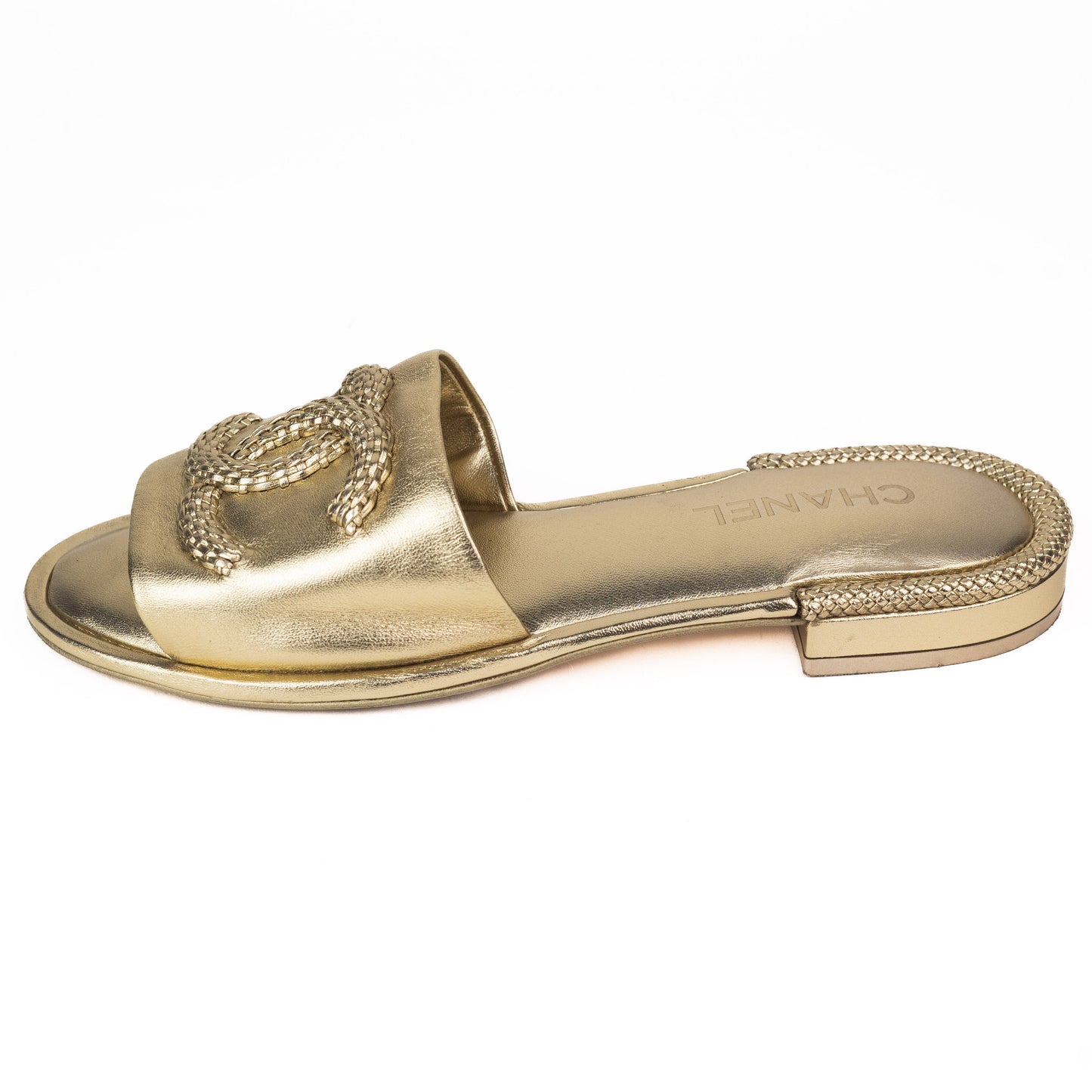 Chanel Laminated CC Logo Gold Slides