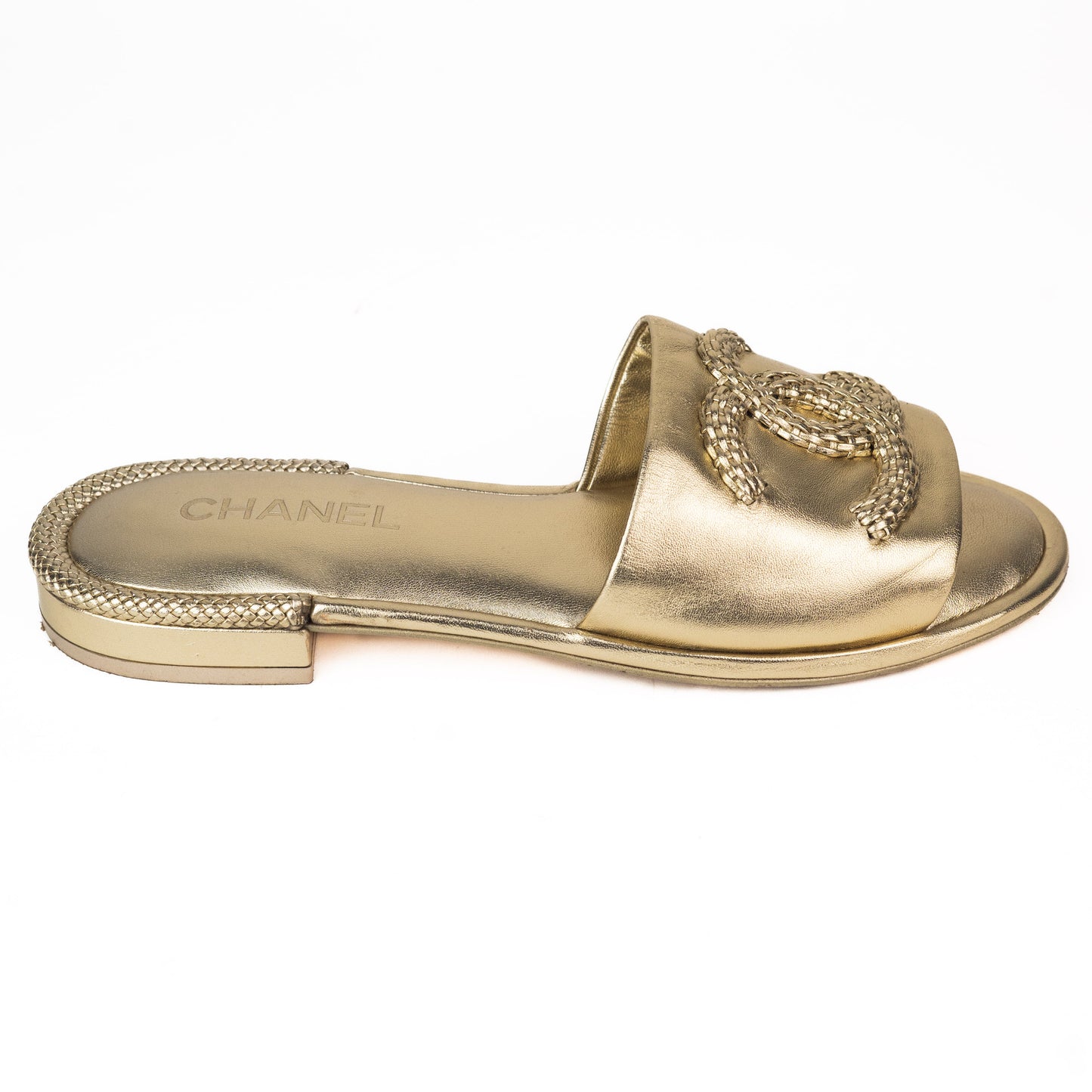 Chanel Laminated CC Logo Gold Slides