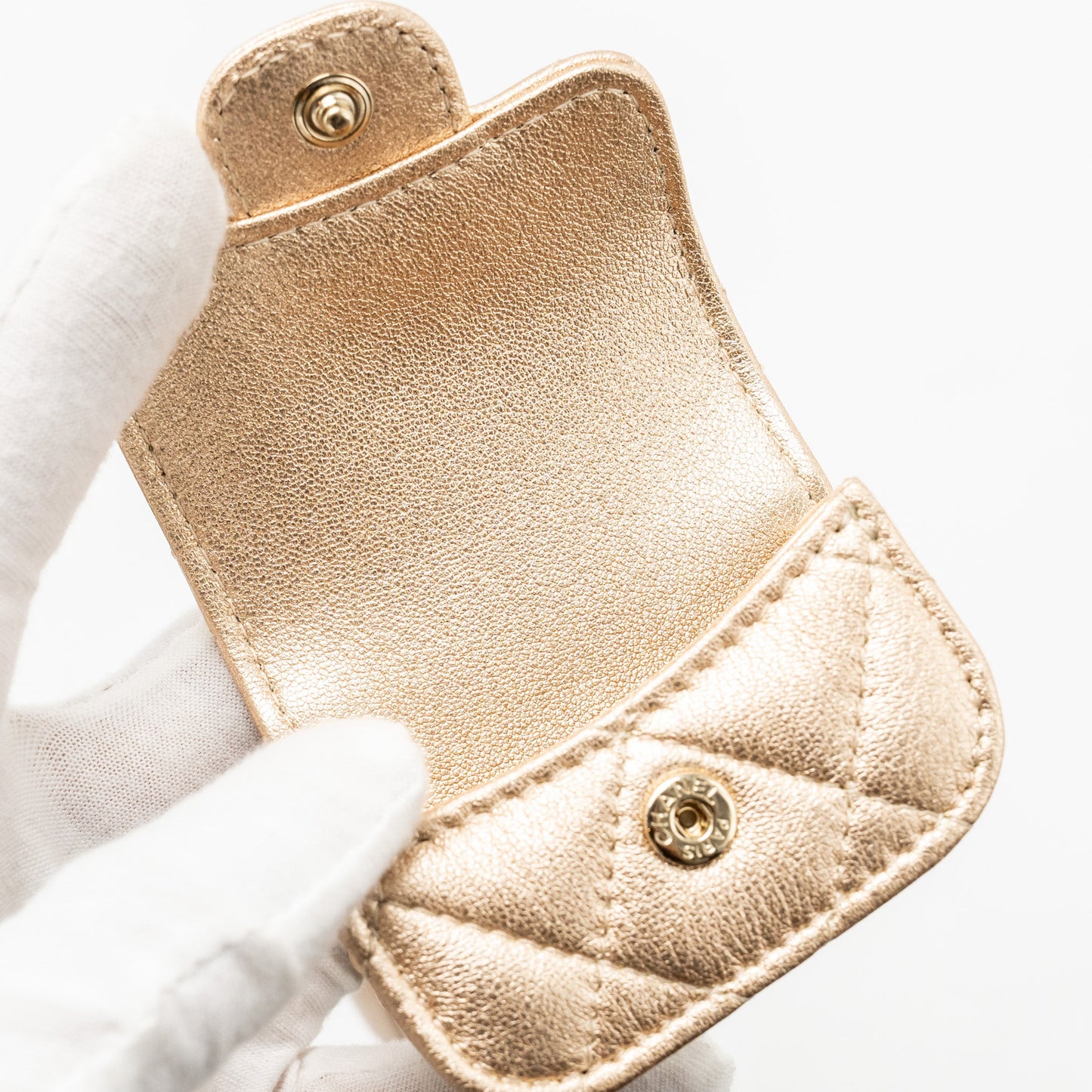 Chanel ROUND Clip on Purse DUO Bag Charm quilted lambskin Metallic Gold LGHW (Mircochip)