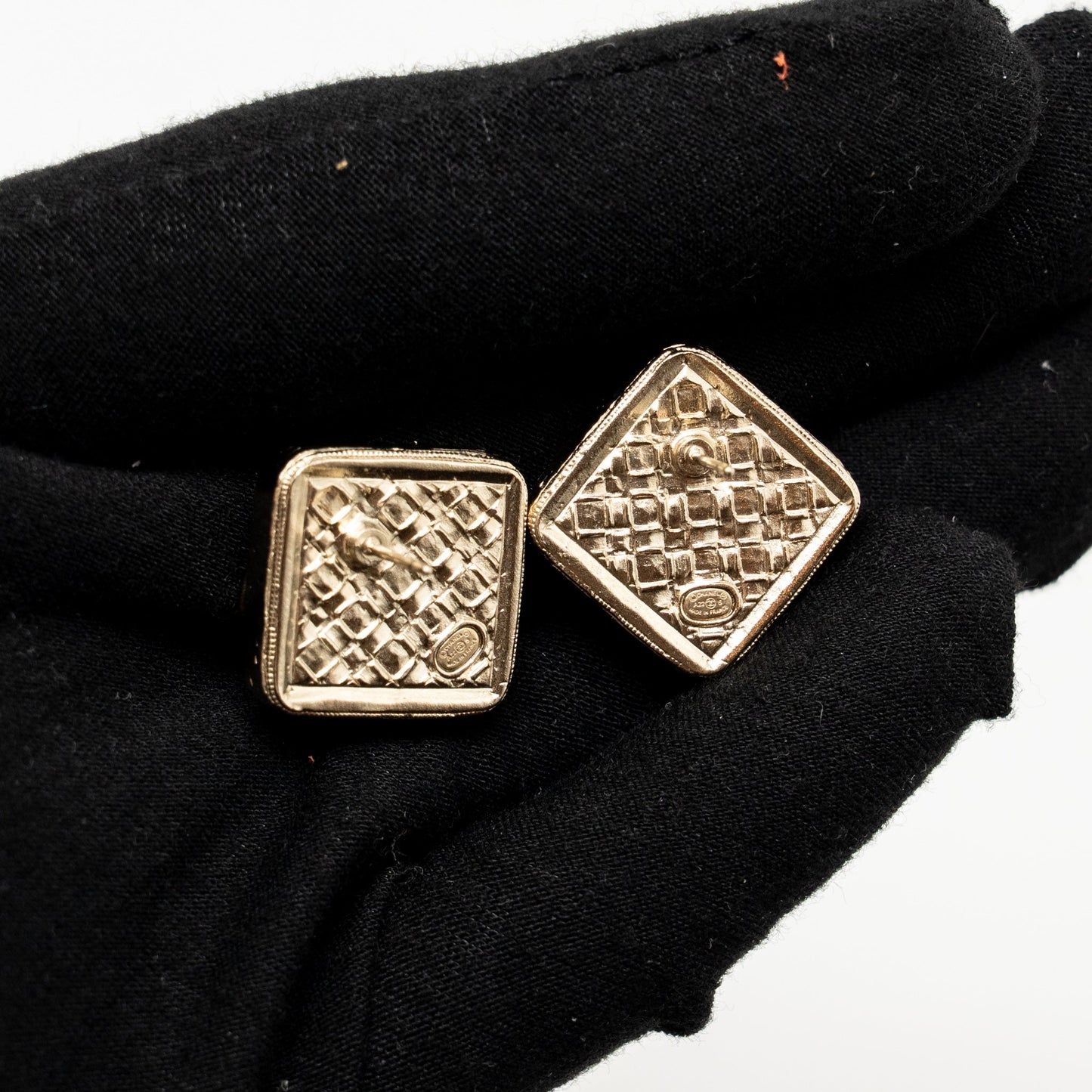 Chanel square cc logo crystal earrings light gold tone