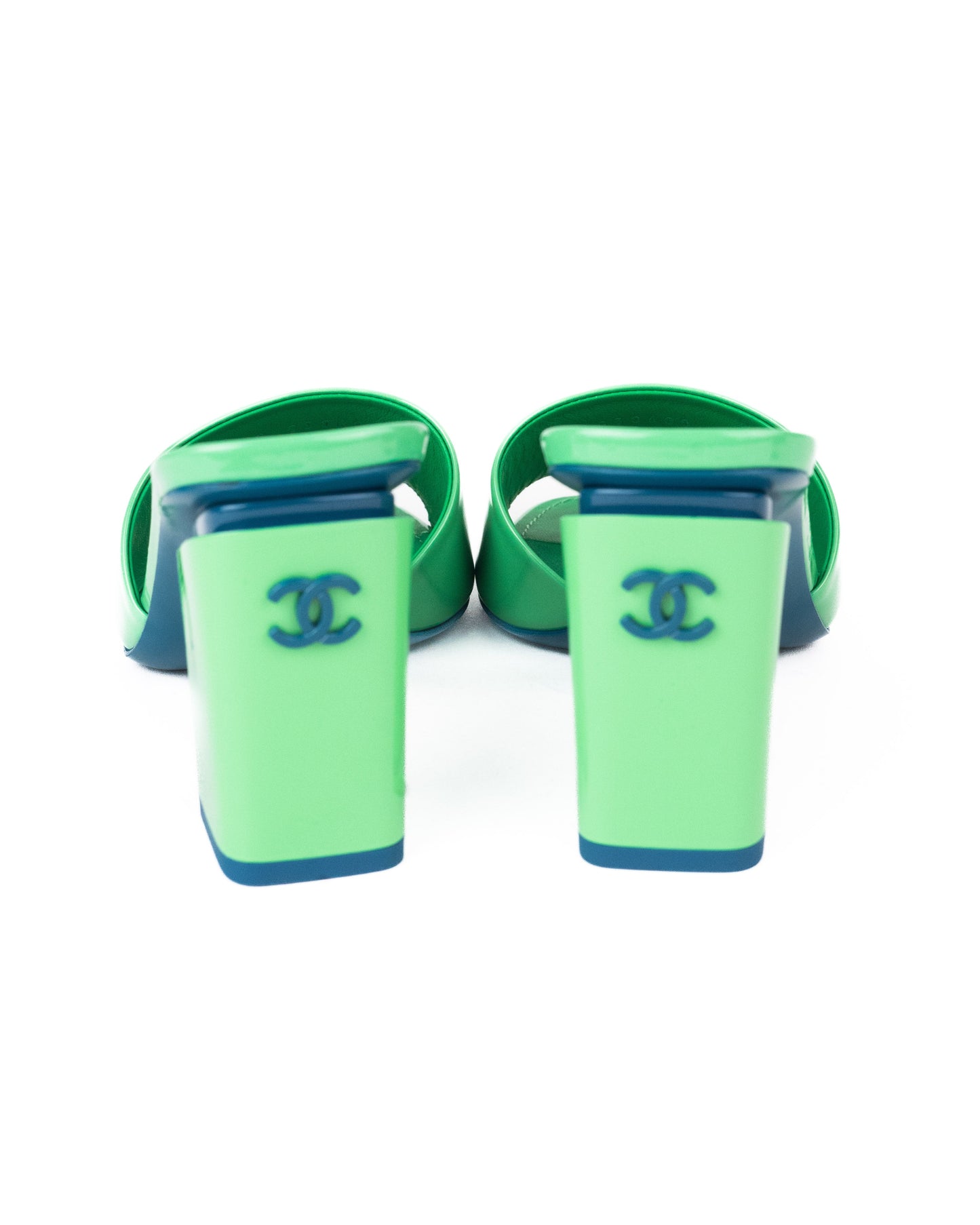 Chanel Patent Calfskin Green and Turquoise Mules
