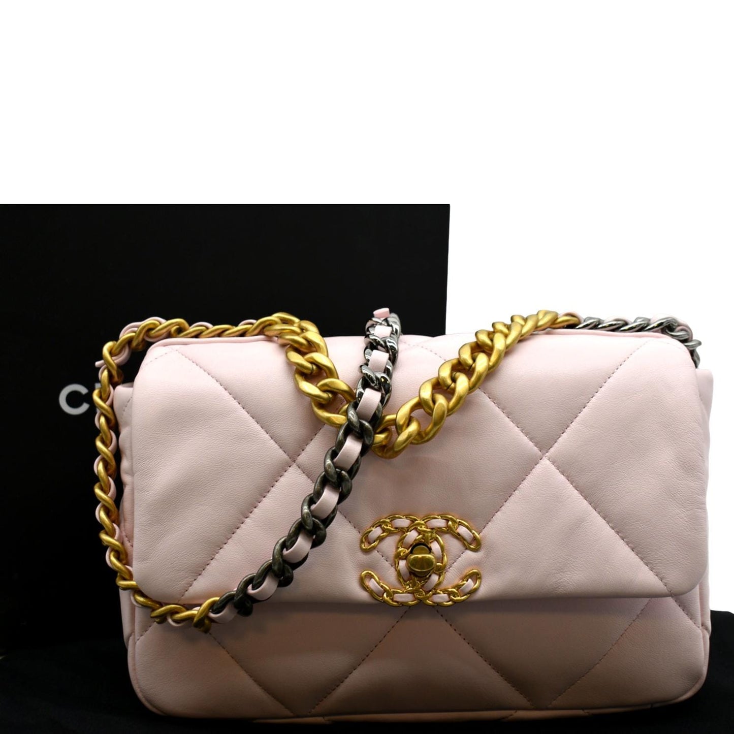 Luxury Chanel 19 Medium Flap Quilted Lambskin Leather Shoulder Bag Light Pink
