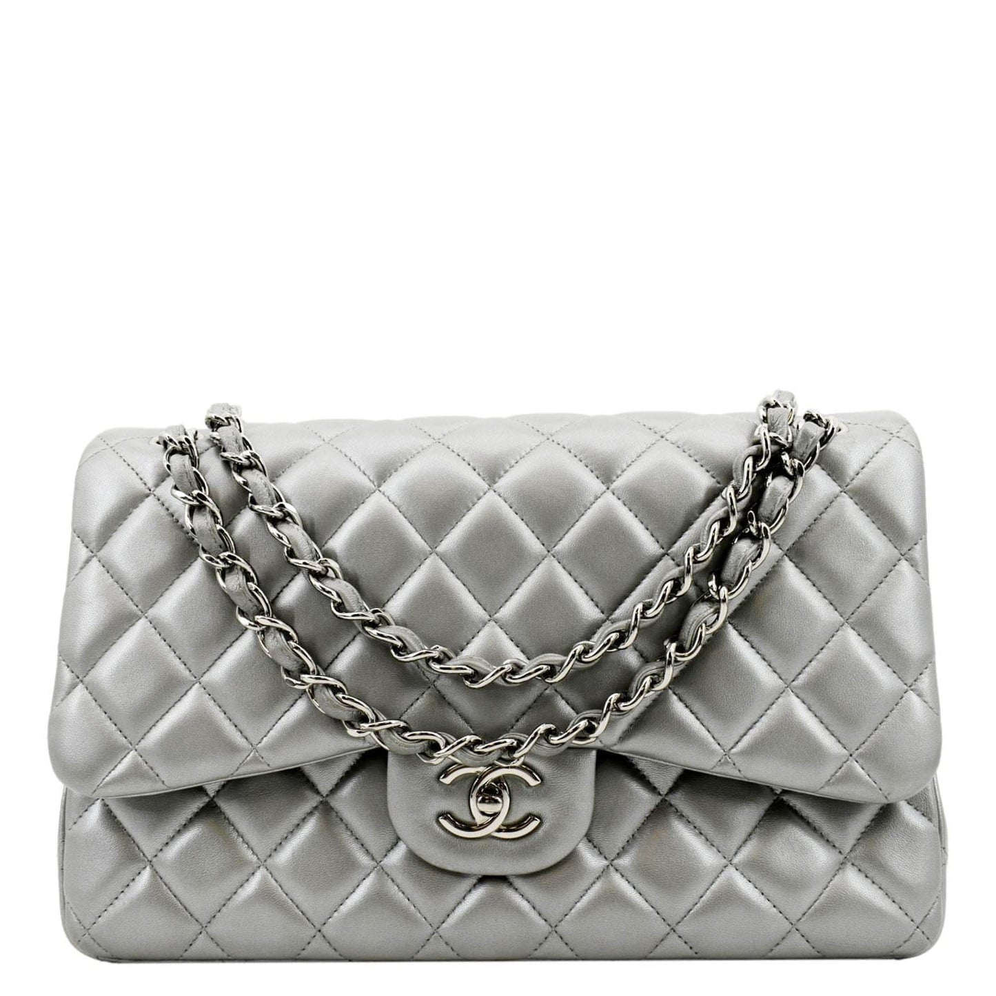 Luxury Chanel Jumbo Flap Quilted Leather Shoulder Bag Metallic Silver