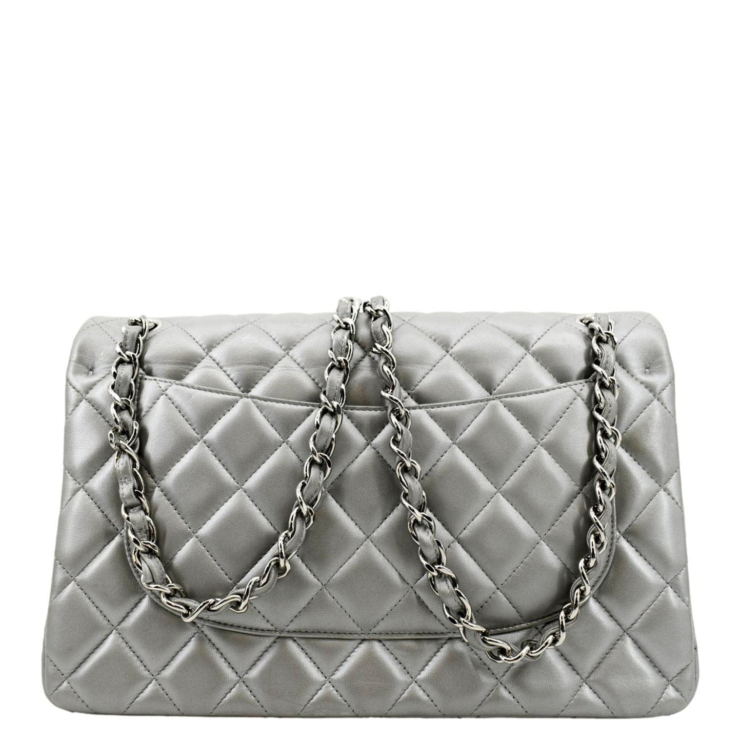 Luxury Chanel Jumbo Flap Quilted Leather Shoulder Bag Metallic Silver