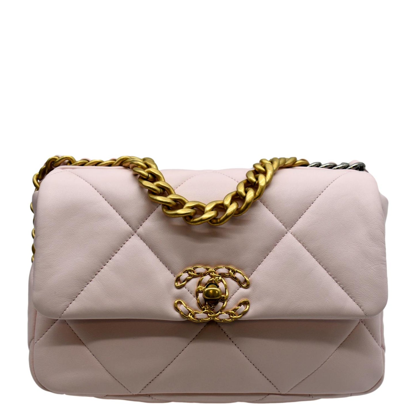 Luxury Chanel 19 Medium Flap Quilted Lambskin Leather Shoulder Bag Light Pink