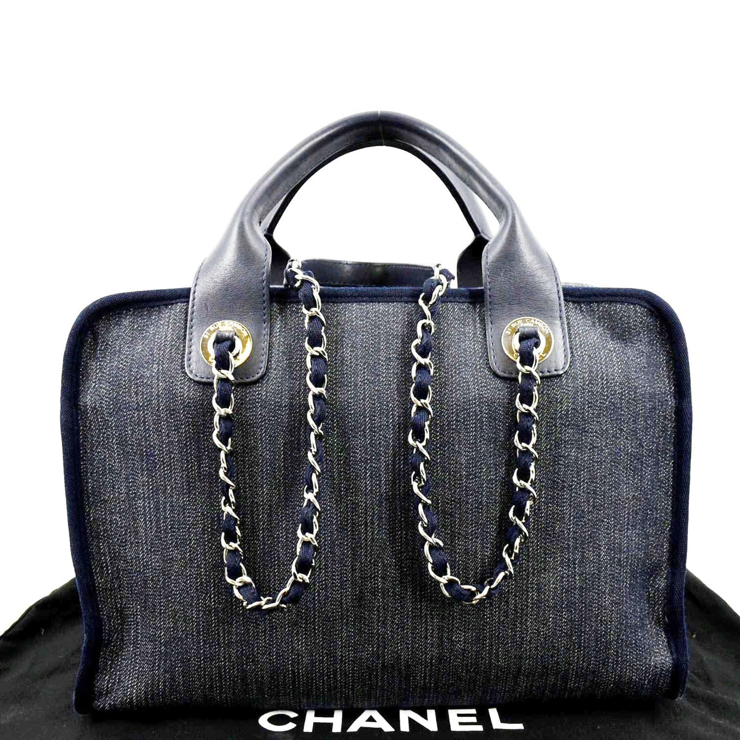 Luxury Chanel Deauville Medium Bowling Denim Shoulder Bag Blue