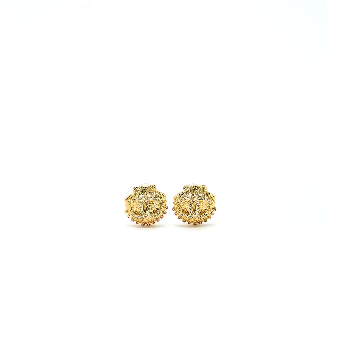 Chanel CC Logo/Shell Earclips Multicolour Crystal Gold Tone