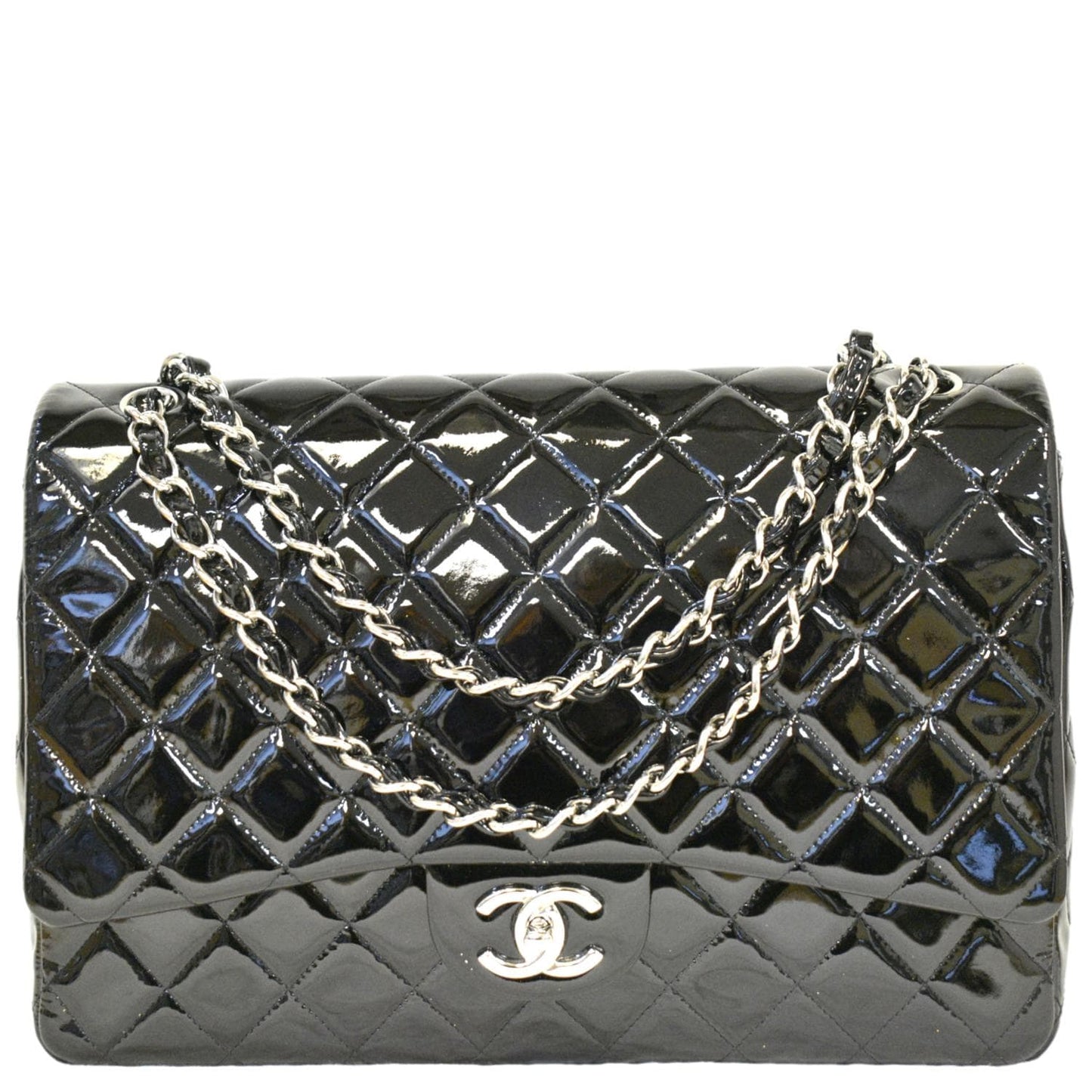 Luxury Chanel Classic Maxi Double Flap Quilted Patent Leather Shoulder Bag Black