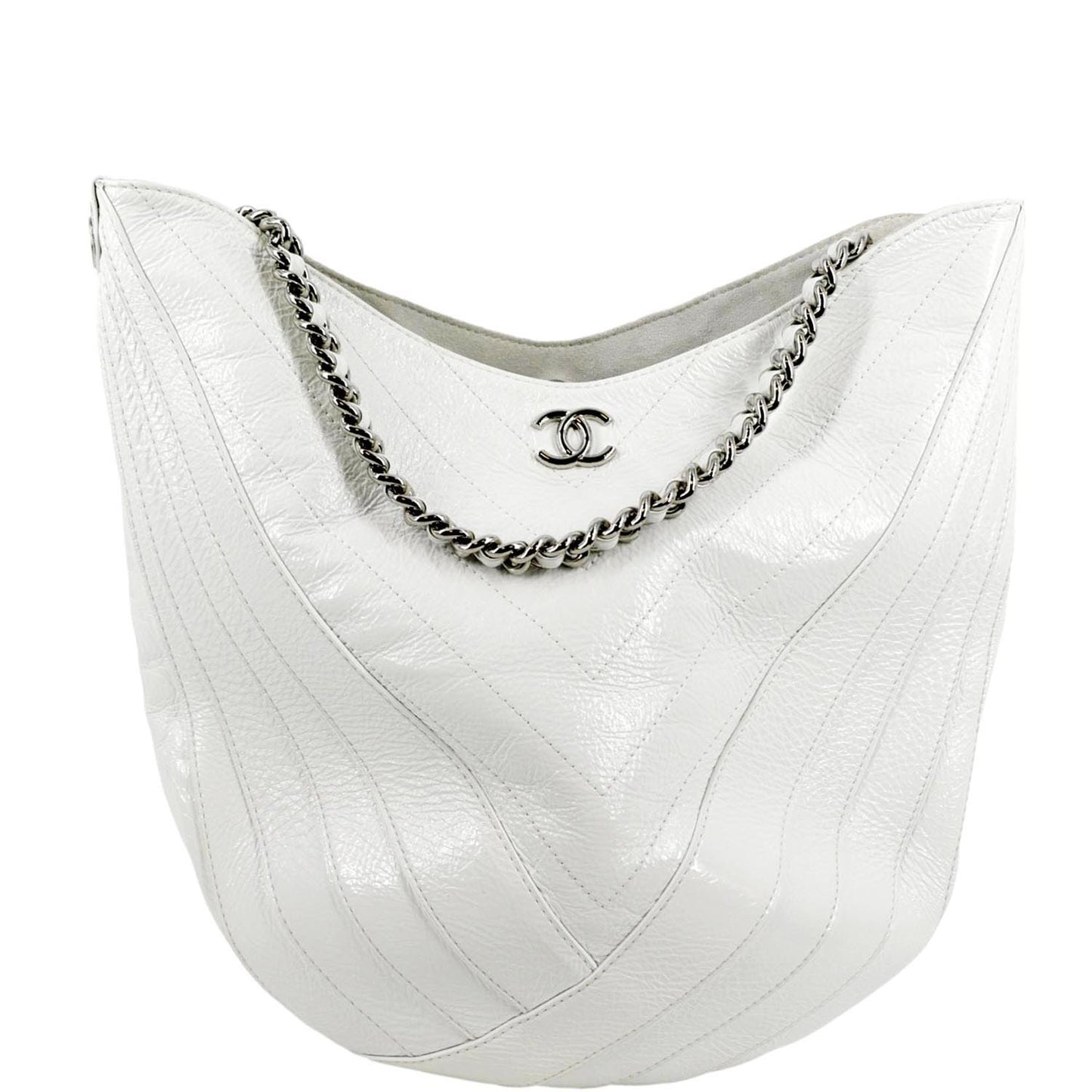 Luxury Chanel Droplet Patent Leather Hobo Bag White