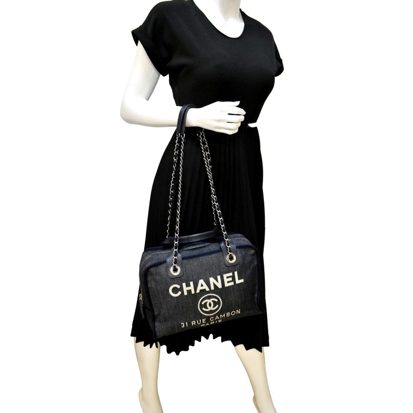 Luxury Chanel Deauville Medium Bowling Denim Shoulder Bag Blue
