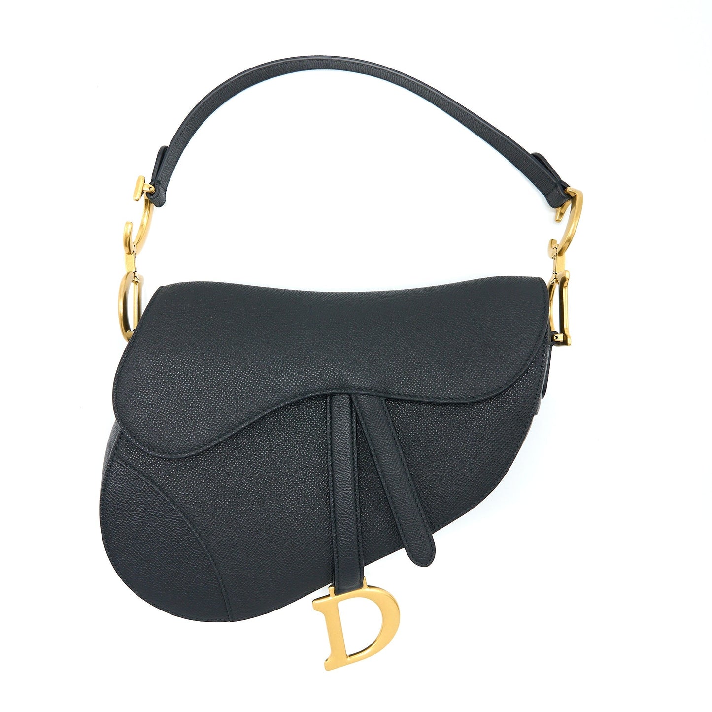 Luxury Dior Medium Saddle Bag With Strap Grained Calfskin Black GHW