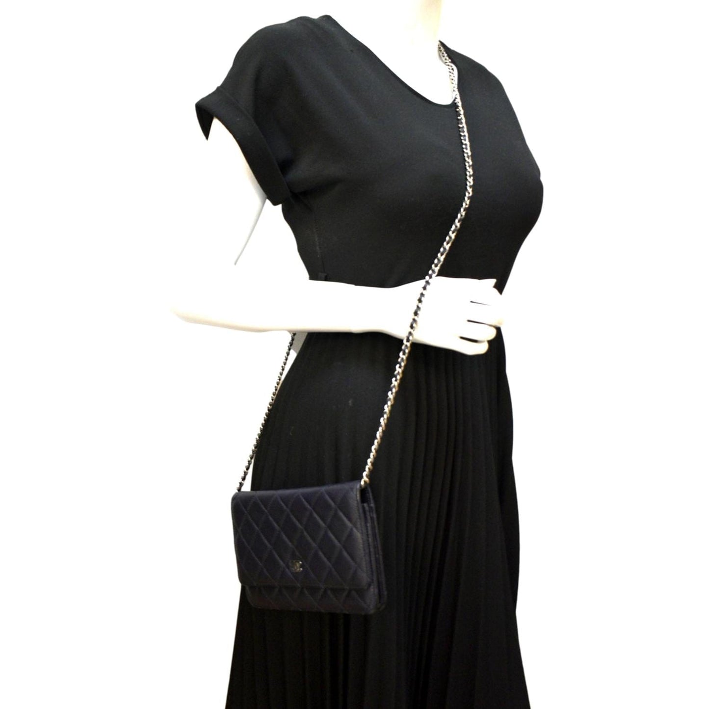 Luxury Chanel WOC Quilted Caviar Leather Crossbody Wallet Navy Blue