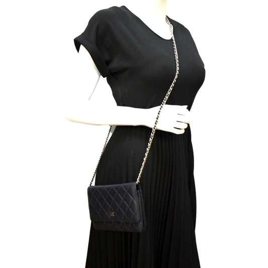 Luxury Chanel WOC Quilted Caviar Leather Crossbody Wallet Navy Blue