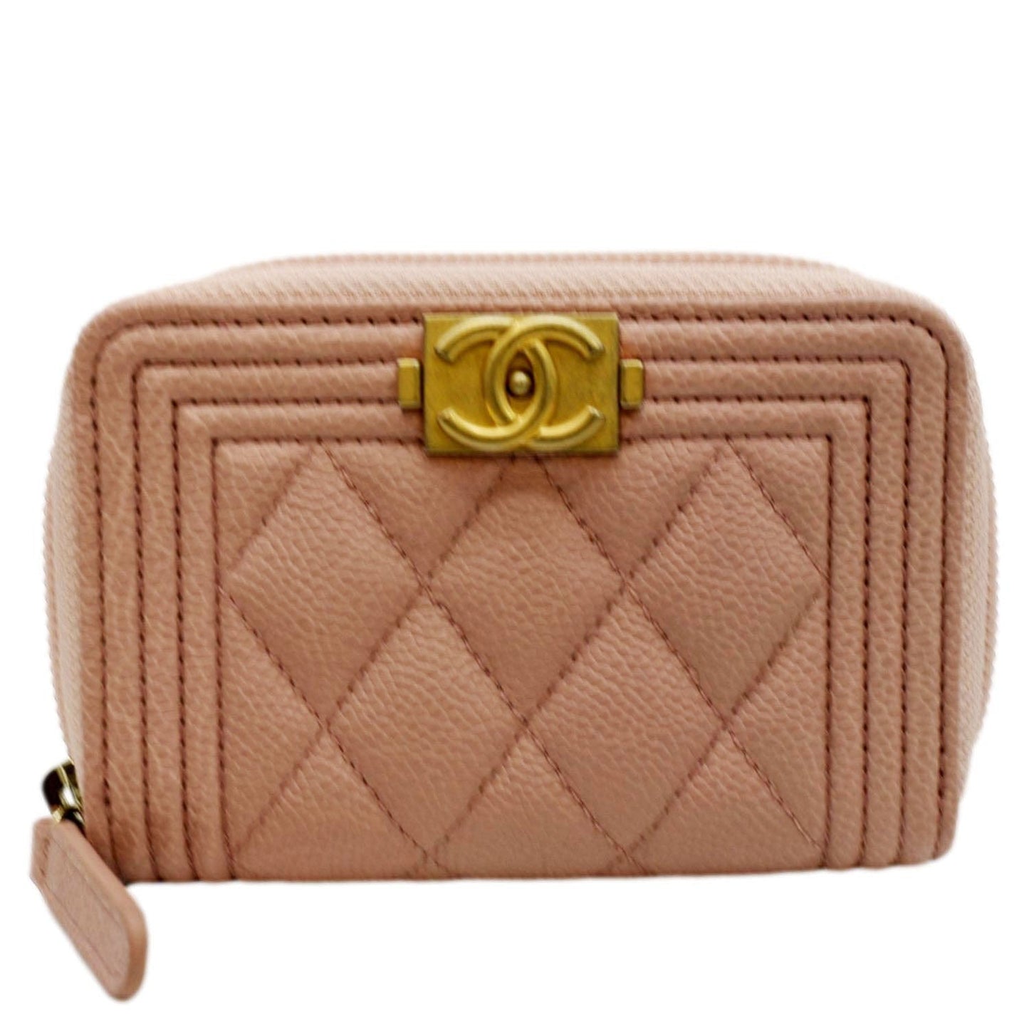 Luxury Chanel Small Boy Caviar Leather Zip Around Wallet Pink